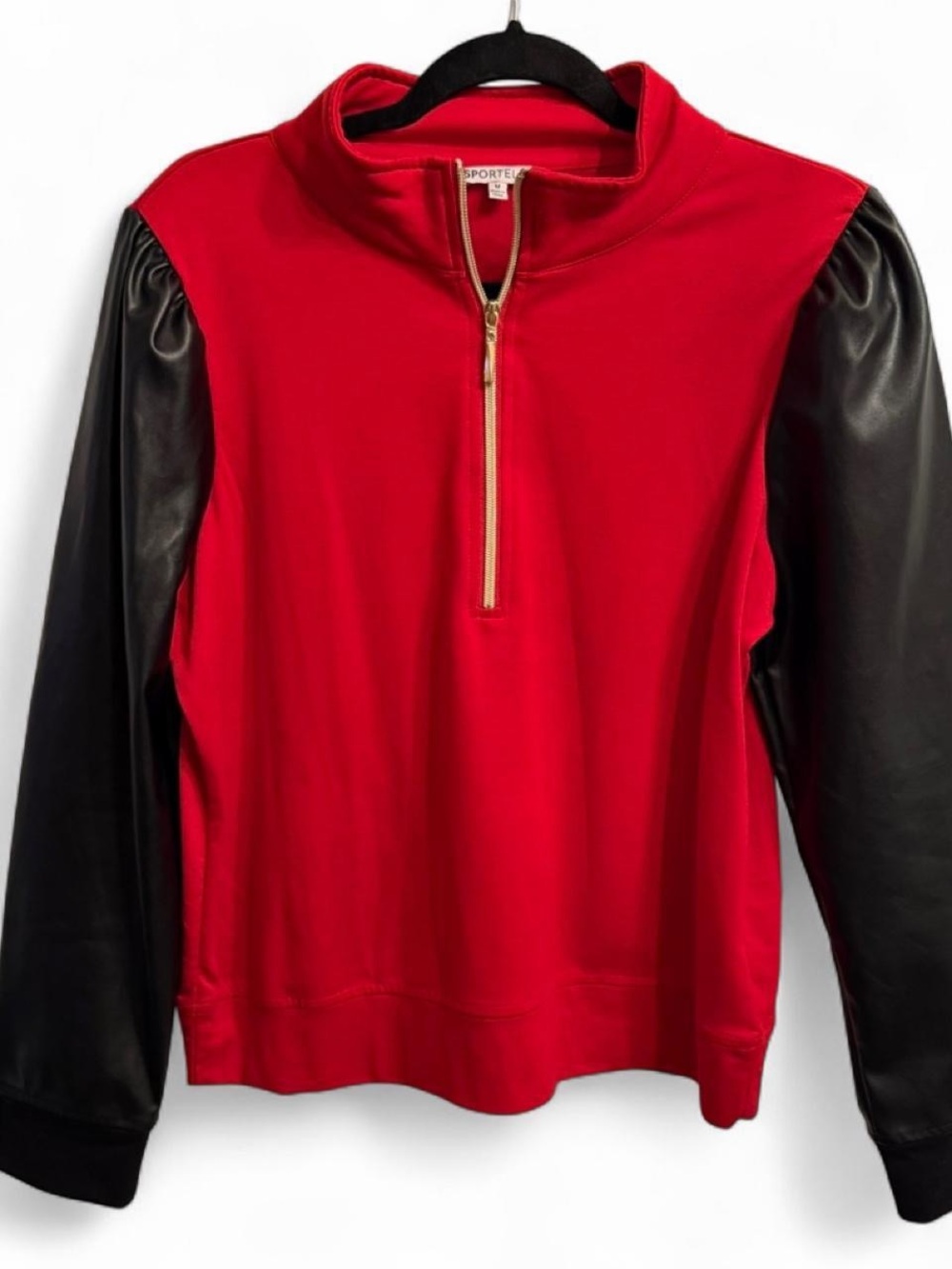 Sportelle Red Pullover Sweater with Black Faux Leather Sleeves